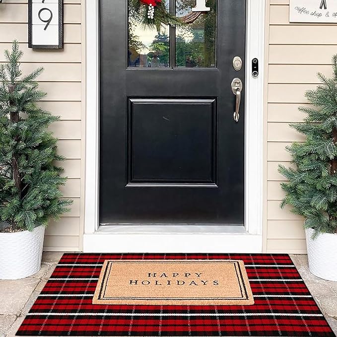 Christmas Plaid Outdoor Rug, 2'4" x 3'7" Red & Black Check Indoor/Outdoor Area Rug, Layering Rug for Hello/Welcome Door Mat, Machine Washable Cotton Woven Farmhouse Mat for Front Porch Décor