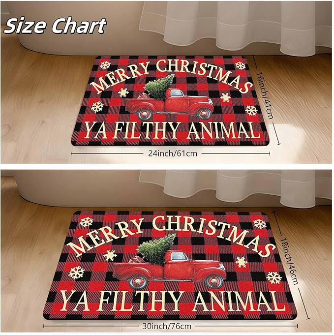 InterestPrint Merry Christmas Buffalo Plaid Truck Doormat, Red Plaid Door Mats with Non-Slip Backing Welcome Matt Outdoor Non Slip Rubber Entry Doormat Entrance Mat, 16" x 24" Inch