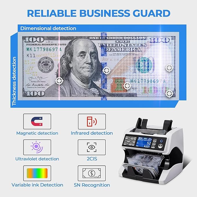 MUNBYN Bank Grade Money Counter Machine Mixed Denomination with External Display+Printer in One, Value Counting, Serial Number, Multi Currency, 2CIS/UV/IR/MG/MT Counterfeit Detection, 2Y Warranty