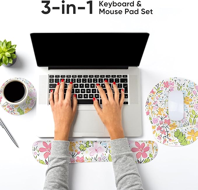 RICHEN Mouse Pad and Keyboard Wrist Rest, 3-in-1 Computer Mousepad and Coaster Set, Non-Slip Keyboard Wrist Rest and Mouse Pad Set Ergonomic Design (YKMWR-54)