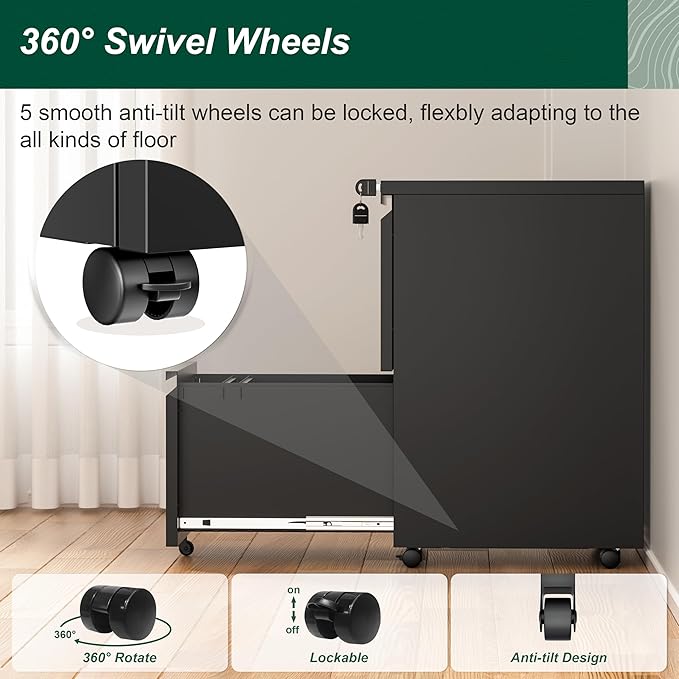 Superday 2 Drawer File Cabinet, Metal Rolling Filing Cabinet with Lock, Small File Cabinets with 2 Drawer, Filing Cabinets for Home Office Fit A4/Letter/Legal, Easy Assemble, Black