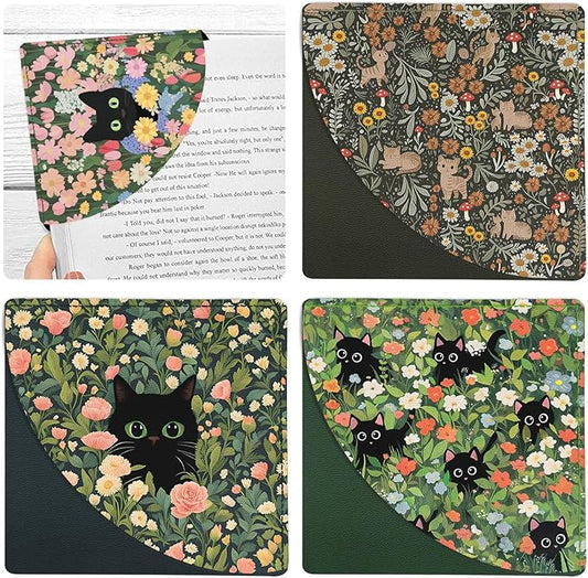 4PC Black Cat Floral Corner Bookmarks, Funny Cute Leather Book Accessories for Book Lovers Gifts, Reading Book Page Markers for Women Men Girls Boys Kids Student Teacher Office Stationery