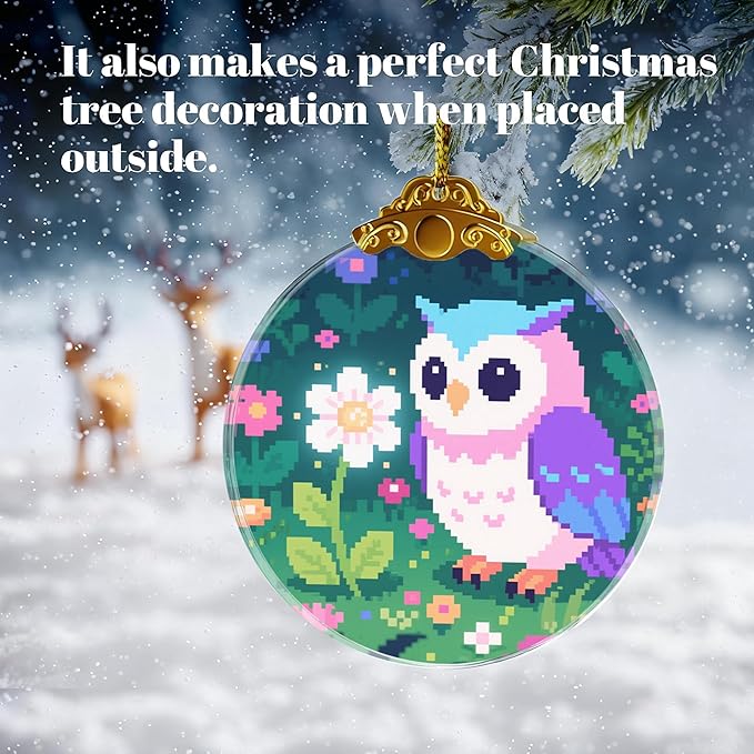 Pixel Art Owl in Flowers Ornaments, Owl Christmas Ornament, Owls Gifts for Women, Owls Decor Bird Ornament 2.75" Glass Decorative Hanging Ornaments