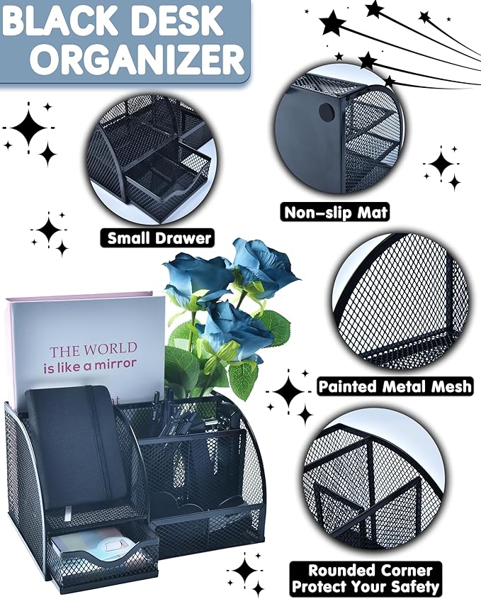 Black Desk Accessories, 24Pcs Office Supplies and Desk Organizers, with Tape Dispenser, Stapler, Staple Remover, Ect, Christmas Gifts