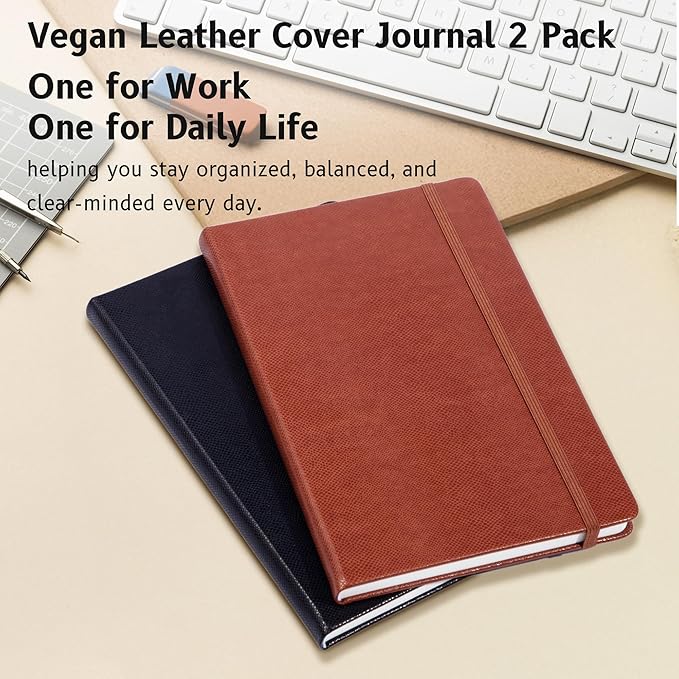 Lined Journal Notebooks for Work 2 Pack, 320 Pages, Medium 5.5 in x 8.5 in - 100 GSM Thick Paper, Hardcover Journal Leather Notebook for Writing & Note Taking, Brown & Black