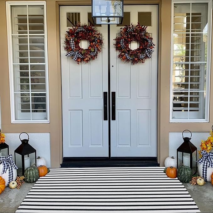 Black and White Outdoor Rug 35.4" x59" Front Porch Rug Door Mat Washable Farmhouse Layered Door Mats Cotton Hand-Woven Welcome Mats Throw Carpet for Entryway/Home Entrance/Laundry Room
