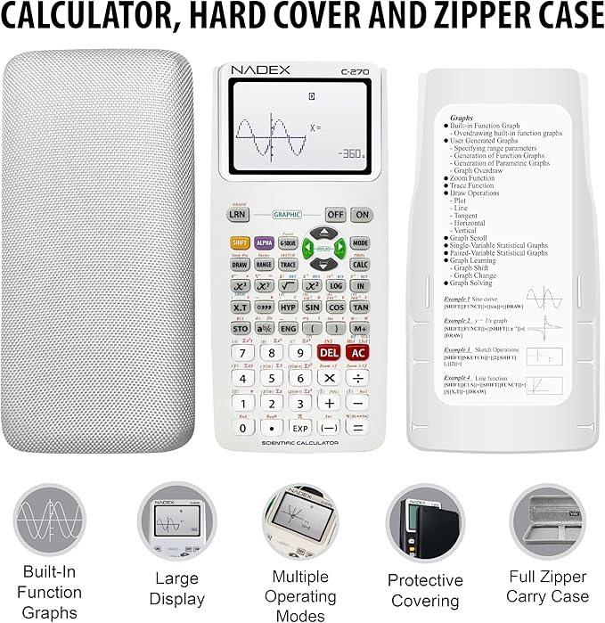 Scientific Calculator with Graphing, Includes Carrying Case, for College and High School Students, Calculus, Algebra, Geometry, Trigonometry, Statistics, Physics, Chemistry, White