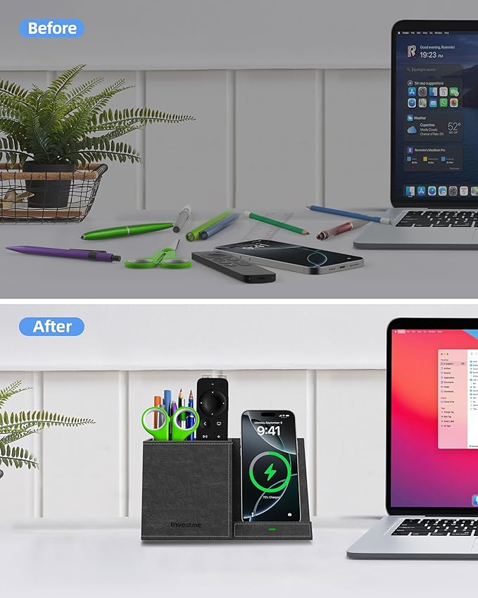 Pen Holder with Wireless Charger, Pencil Holder for Desk, Multi-Functional Desktop Organizer, Desk Organizers and Accessories for Home School Office Supplies, PU Leather Black