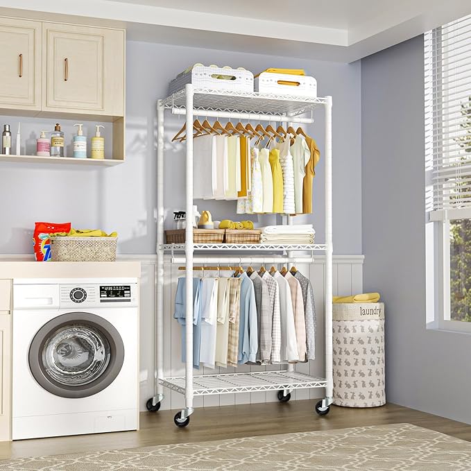 P1 Medium Heavy-Duty Portable Closet, 30" W x 14" D x 76" H, Metal Rolling Clothing Rack, White