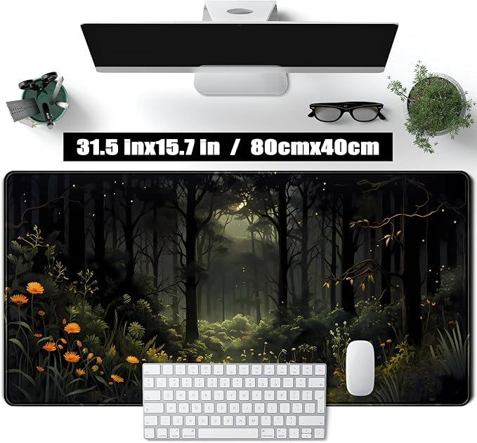 Dark Forest Desk Mat Mouse pad, Green Nature Deskmat XXL Large Extended Aesthetic Plant Mousepad Gaming Desk Pad, Big Laptop Computer Keyboard and Mouse Mat for Women Office Desk Decor 31.5x15.7 in