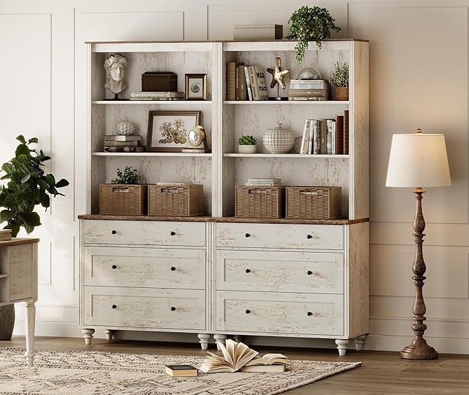 WAMPAT 3 Tier Bookshelf with 3 Drawers, 72" Tall Bookcase Large Farmhouse Display Book Case Shelf with 3-Tier Open Book Shelfs，Library Wood Bookshelves for Living Room,Kitchen, Rustic White (2PCS)