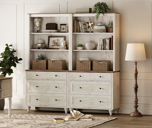 WAMPAT 3 Tier Bookshelf with 3 Drawers, 72" Tall Bookcase Large Farmhouse Display Book Case Shelf with 3-Tier Open Book Shelfs，Library Wood Bookshelves for Living Room,Kitchen, Rustic White (2PCS)