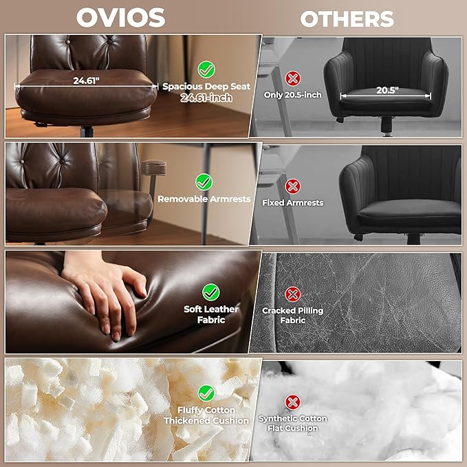 ovios Home Office Chair, Mid-Century Modern Faux PU Leather Chairs with Lumbar Support Comfy Thick Cushion, High Back Ergonomic Swivel Rolling Executive Armchair (Dark Brown, PU Leather)
