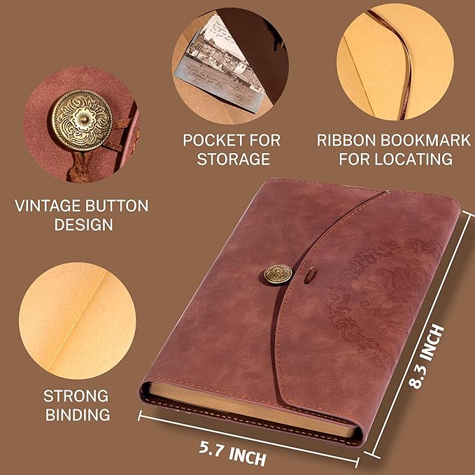 Vintage Leather Journal for Women Men, Junk Journal Notebook Soft Cover, Book of Shadows Journals for Travel Diary Scrapbook Sketchbook Journaling Writing, Brown