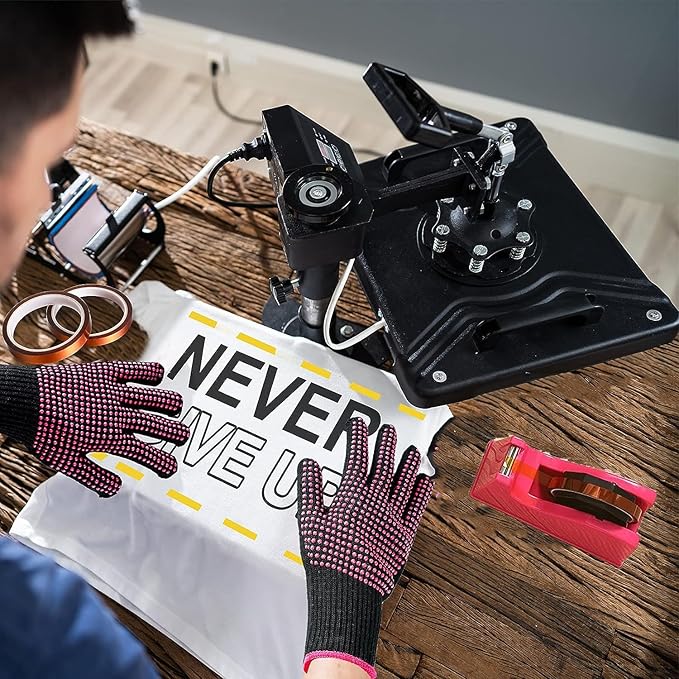 Heat Tape Dispenser Set, Sublimation Tape Dispenser 2 Pcs Heat Resistant Gloves with Silicone Bumps 3 Pcs Heat Tape for Sublimation Nonskid Base Weighted Desktop for Office Home (Rosy)