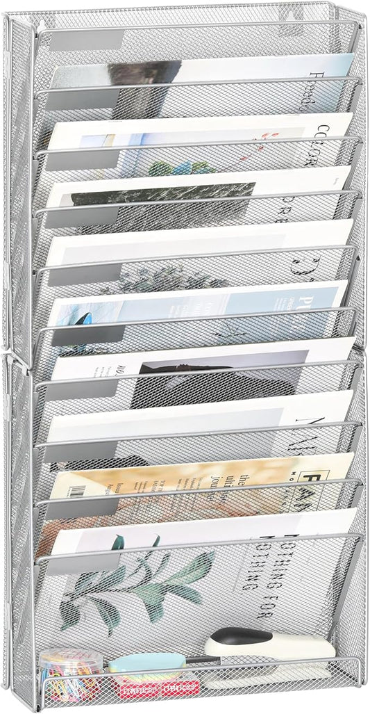 EasyPAG 11 Tier Wall File Holder with Flat Tray, Silver | Easy Assemble Mesh Desk File Organizer | 10-Folder Paper Storage | Replaceable Classify Labels | Space Saving Mail Organizer for Office Home