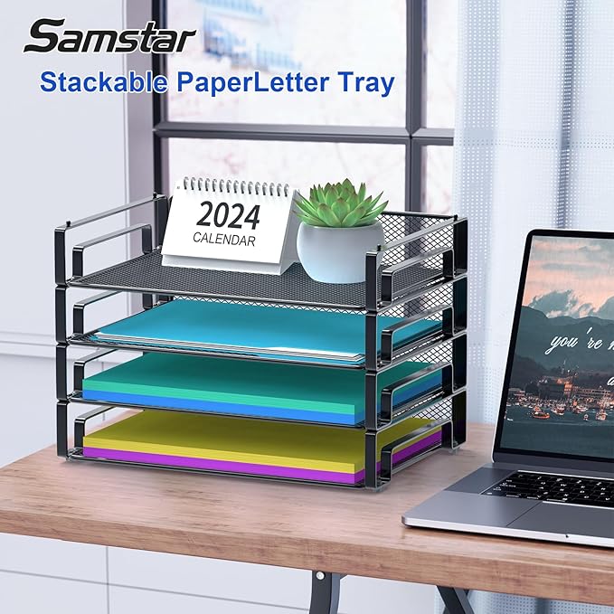 Samstar 4 Pack Stackable Letter Paper Tray, Desk File Organizer Paper Sorter for Letter/A4 Size Folders Documents, Mesh Made