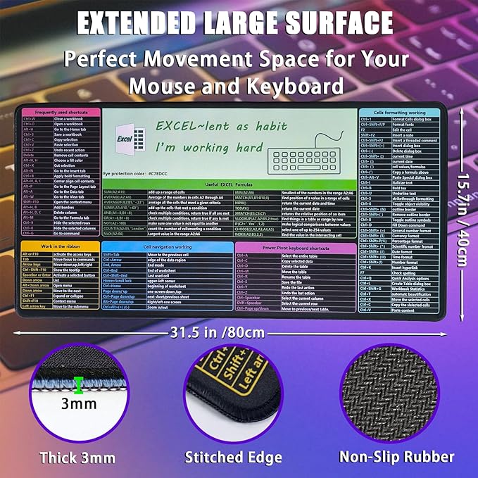 Get Excel Pad,Excel Shortcut Mouse Pad Desk Mat,Large Excel Cheat Sheet Spreadsheet Keyboard Mats Mousepad,Water-proof Non-Slip Stitched Edge,Excel Learning Essentials,31.5*15.7 inch,Black
