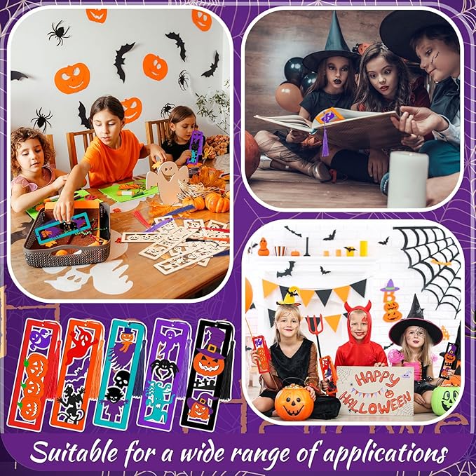 Yexiya 200 Pcs Halloween DIY Wood Bookmarks Kit Unfinished Color Your Own Hollow with Tassel 100 Set Back to School Art Ghost Spider Skull Pumpkins Supplies for Students Thanksgiving Reward Fillers