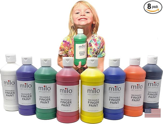 milo Kid's Washable Finger Paint Set of 8 Colors | 16 oz Bottles | Safe and Non-Toxic | Made in the USA | Art & Craft Paints for Kids, Toddlers, Pre School Supplies Painting Set for Children | Easy