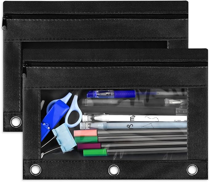 Gloween Pencil Pouch for 3 Ring Binder, 2 Pack Pencil Pouches/Cases with Zipper, Durable Binder Pencil Pouch/Bag for Office School Supplies (Black)