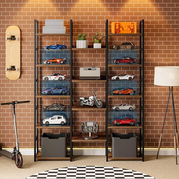 OTK Triple Column 5 Tier Bookshelf, Large Bookcase with 14 Open Display Shelves, Adjustable Industrial Book Shelf with Baffles, Wide Bookshelves for Bedroom, Living Room and Home Office, Rustic Brown