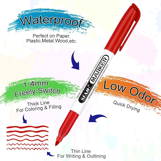 SFAIH 60 Colors Permanent Markers - Assorted Vibrant Colors, Quick Drying, Fade Resistant, Fine Point Permanent Markers for Teacher And Classroom Supplies, Art Supplies, Coloring, Drawing Doodling