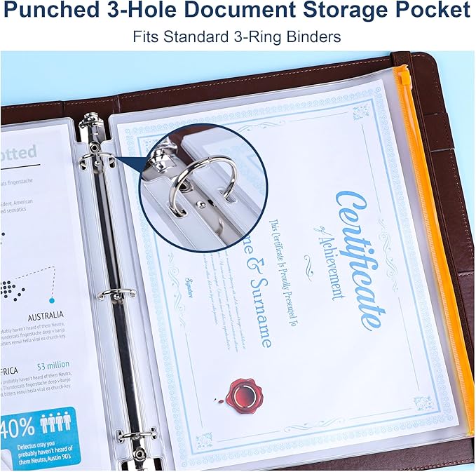 Antner 30PCS Letter Size Binder Pockets for 3 Ring Binder, 10 Assorted Colors Zipper Pouches Waterproof PVC Document Organizer File Folders 3-Hole Loose Leaf Insert Bags Page Sleeves Sheet Protectors