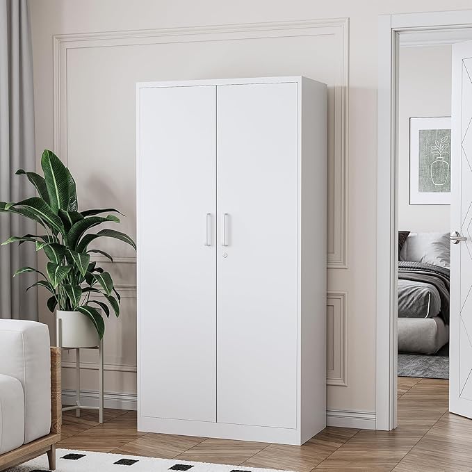 STANI Metal Garage Storage Cabinet with Lock, 71" Steel Lockable File Cabinet, Locking Steel Storage Cabinet with 5 Adjustable Shelves for Home, Office, Warehouse, Garage, School (White)