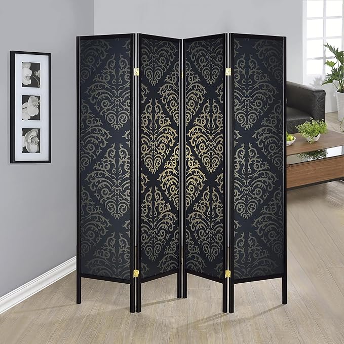 NicBex Room Divider 4 Panel Room Dividers with Damask Print Partition Room Dividers and Folding Privacy Screens Wall Divider for Home, Office, Room Separation,69.5" W x 0.75" D x 70.25" H, Black