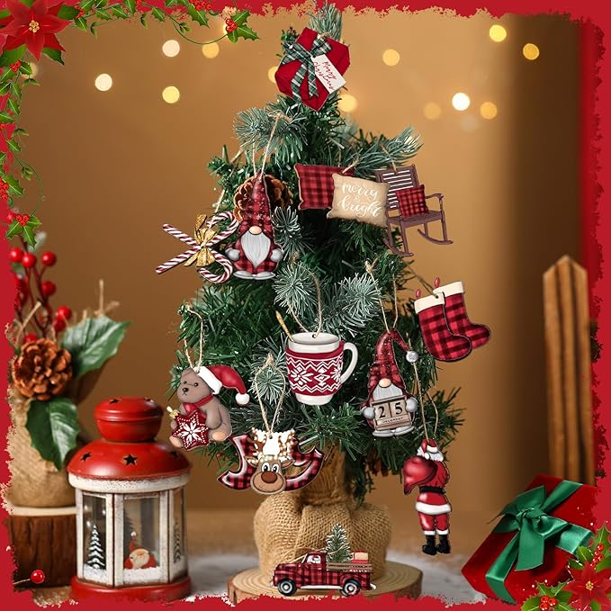 Huwena 36 Pcs Christmas Wooden Ornaments Red Black Christmas Decorations for Tree Snowman Gnomes Poinsettia Flowers Truck Wreath Wood Cutouts Tags with Ropes Winter Decor for Xmas Tree Gifts