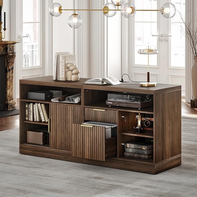 2 Drawer File Cabinet with Lock, 63'' Wood Lateral File Cabinet, Compatible Letter and A4 Size, Fluted Filing Cabinet for Home Office with AC/USB, Adjustable Storage Shelves, Black Walnut