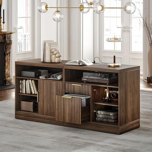 2 Drawer File Cabinet with Lock, 63'' Wood Lateral File Cabinet, Compatible Letter and A4 Size, Fluted Filing Cabinet for Home Office with AC/USB, Adjustable Storage Shelves, Black Walnut