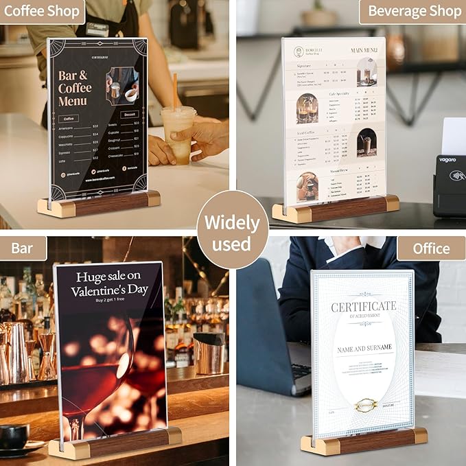 8.5 x 11 Inch Acrylic Sign Holder with Wood-Color Base 3 Pack, Acrylic T Shape Tabletop Double-Sided Display Sign Frame Vertical Clear for Store/Coffee Shop/Restaurant Menu Hotel Display Holder