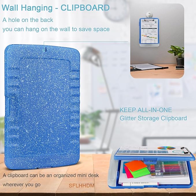 Glitter Clipboard with Storage,Storage Clipboard with Pen Holder,A4 Binder Clip Boards 8.5x11 with Low Profile Clip,Side Opening Sparkle Clipboards, Clipboards Folder for Office Supplies-Starsky Blue