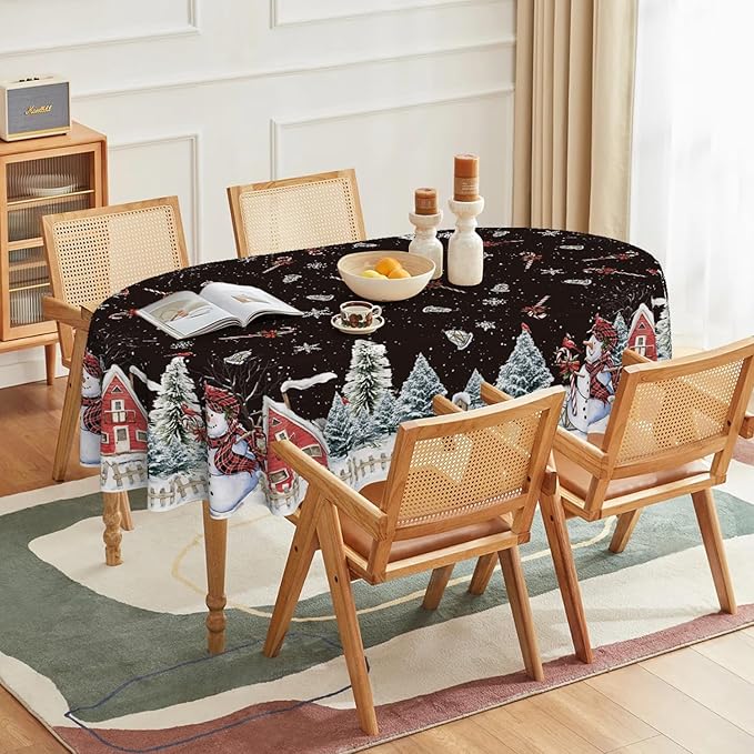 Horaldaily Christmas Tablecloth 60×84 Inch Oval, Winter Snowman House Christmas Trees Black Washable Table Cover for Party Picnic Dinner Decor