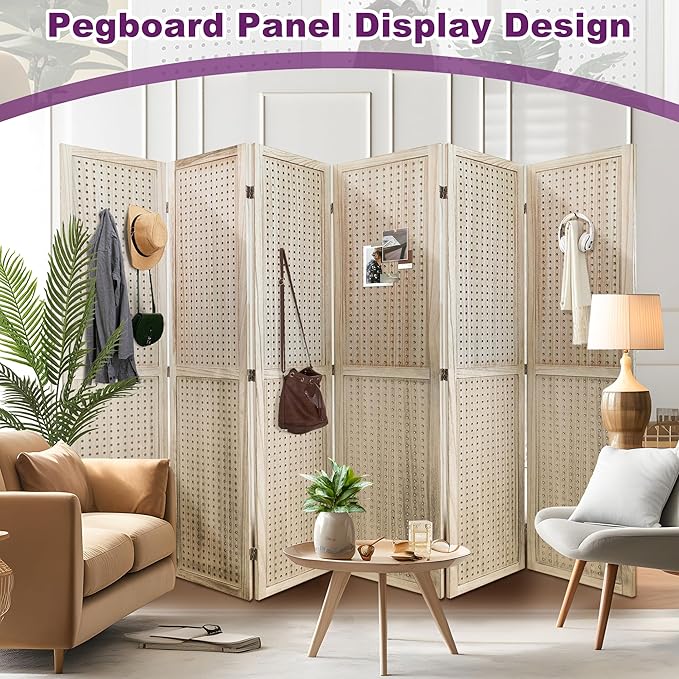 Room Divider, 5.6FT Folding Room Divider Panel, 6 Panel Pegboard Display Wood Partition Wall Divider for Room Separation& Craft Shows, Natural Wood