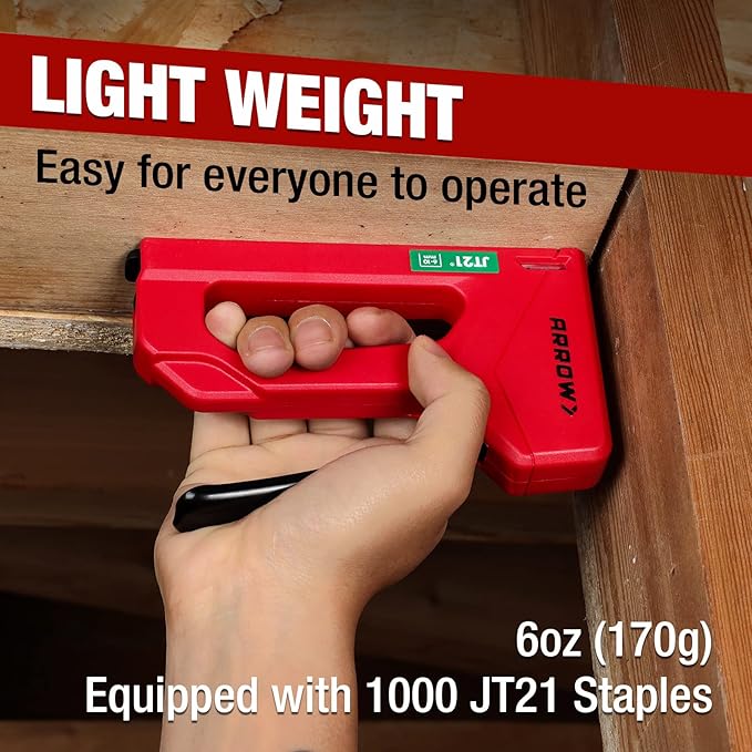 Arrow Light Duty Staple Gun, Lightweight Upholstery Stapler Kit for Wood with 1000 JT21 Staples, Plastic Housing Tacker for Crafts, Fabric, DIY, Household