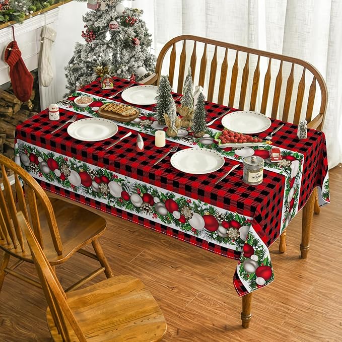 Horaldaily Christmas Tablecloth 60×84 Inch, Christmas Ball Ornaments Red Bufalo Plaid Washable Table Cover for Party Picnic Dinner Decor