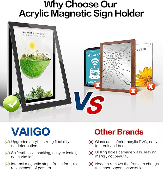 Acrylic Magnetic Sign Holder Wall Mount, Self Adhesive Magnetic Display Frame with Nano Tape and Strong Magnetic Border for Wall, Door, Glass, Home, Store, Office (Black, 11" x 17" / 5 Pack)