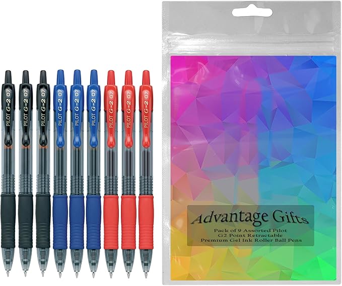 G2 Retractable Premium Gel Ink Roller Ball Pens Fine Point Fine Point (.7mm) Black/Blue/Red Ink 9-pk; Refillable & Premium Comfort Grip Bundle with Plastic Reusable Pouch