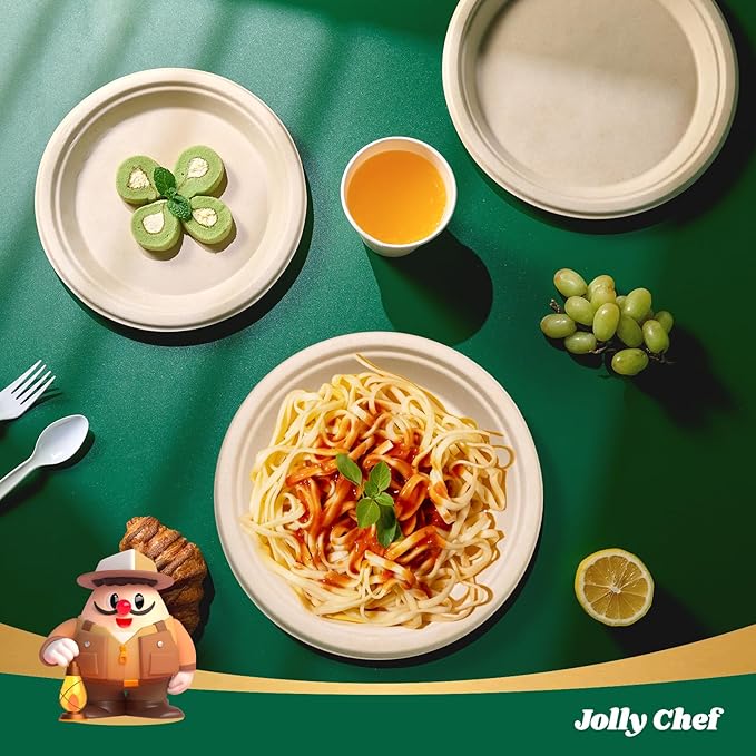 JOLLY CHEF Compostable Heavy Duty Plates 𝟭𝟬 𝗜𝗻𝗰𝗵 [𝟯𝟬𝟬 𝗣𝗮𝗰𝗸] Eco-Friendly Disposable Paper Plates Made of Bagasse Biodegradable Bulk for Party Dinner Sugarcane Thanksgiving Day (Natural)