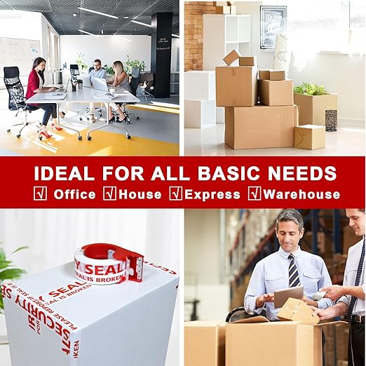 BOMEI PACK Security Seal Tape, Please Report if Seal is Broken Printing Packing Tape with Dispenser, 2.4mil 2inch x 110yds, 3Rolls Heavy Duty Fragile Tape Refills for Shipping, Moving and Sealing