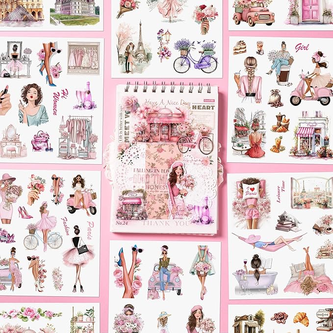 Paris Journaling Sticker Set, 18 Sheets PET Junk Journal Stickers, Pink French Theme Scrapbook Supplies, Transparent Watercolor Scrapbooking Materials, People Women Arts Craft