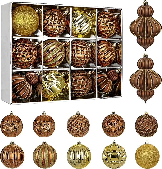 4" Christmas Ball Ornaments Set 12PCS Large Shatterproof Plastic Ornaments Christmas Tree Ball Hanging Ornaments for Xmas Tree Wedding Party Holiday Decorations - Bronze, Gold