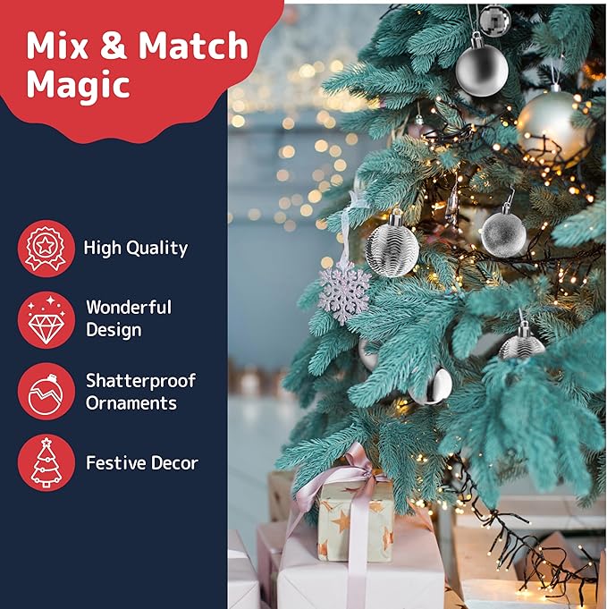 Prextex 36pc Silver Christmas Ornaments Set - Shatterproof Christmas Tree Ornaments in 3 Sizes and 6 Styles - Hanging Balls with Loops in Matte, Shiny, and Glitter Finishes for Indoor-Outdoor Display