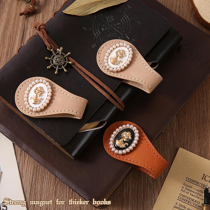 2PCS Vintage Magnetic Leather Bookmark, Leather Magnetic Bookmarks for Women, Magnetic PU Bookmarks Clip Book Accessories, Gold Portrait