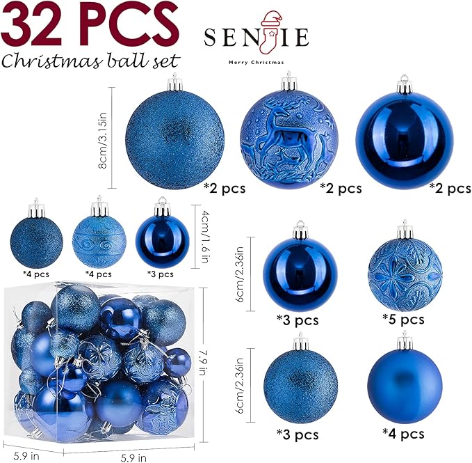 Senjie Blue Shatterproof Christmas Ornaments, 32 Pcs, Plastic, Hanging, Christmas, Wedding