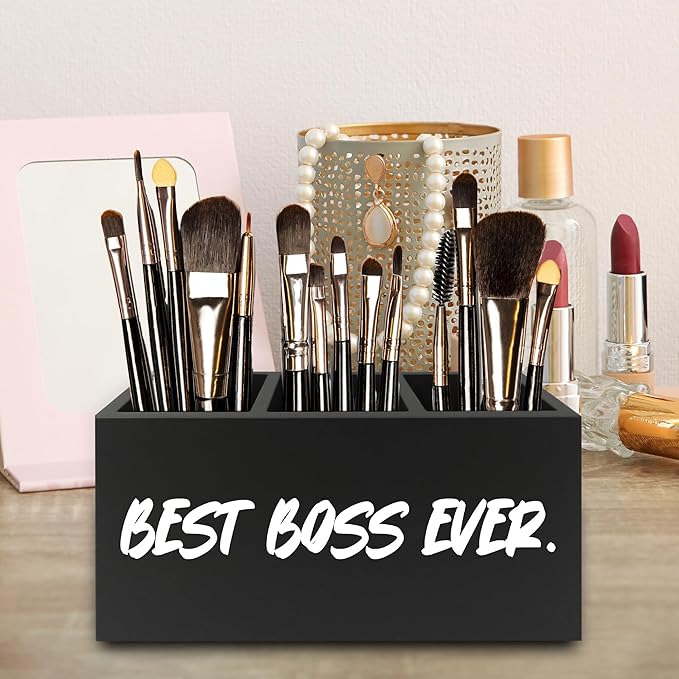 Boss Gifts Pen Pencil Holder Organizer for Desk, Bosses Leader Appreciation Gifts, Best Boss Ever Wooden Box Signs Decorations for Home Workplace Office Desk Tabletop