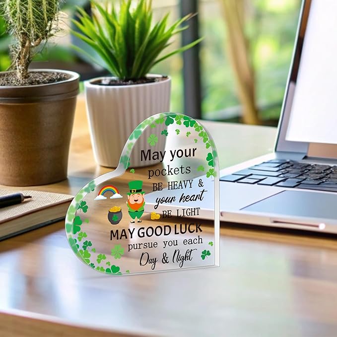 Yopyame St. Patricks Day Gifts - Irish Blessing Four Leaf Clover Acrylic Heart Sign Desk Decor May Your Pockets Be Heavy Shamrocks Keepsake Paperweight for Women Home Table Office Desk Shelf Mantle